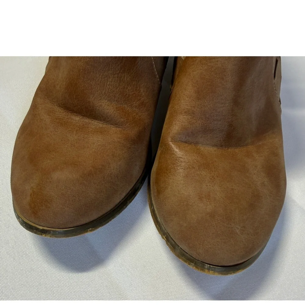 Tan Laser Cut Out Ankle Booties Western Stacked Heel Rear Zip Brown Womens 9 US